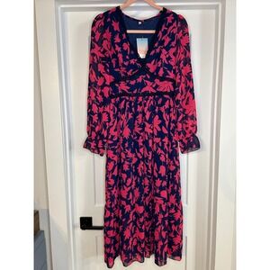 Navy Blue Pink‎ Floral Print Midi Dress Womens Small Long Sleeve V Neck Coquette